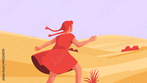 Woman in red dress running through desert landscape with sand dunes and sparse vegetation under purple sky