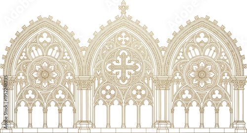 Black silhouette vector illustration of Gothic cathedral façade with pointed arches, rose windows, ornate tracery, finials, and crockets, symbolizing medieval architecture and design themes