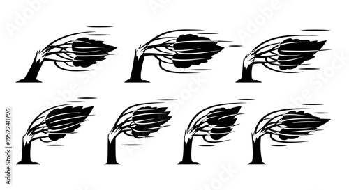 Windblown trees in repeating pattern on transparent background silhouette