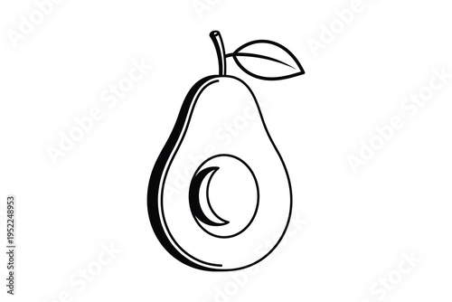 A black and white illustration of a halved pear with a leaf on a stem, showcasing its inner crescent shape and smooth outer skin.