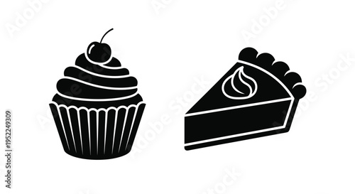 Black and white illustration of a cupcake and a slice of pie