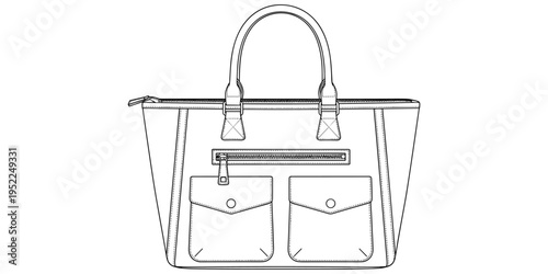 “Stylish handbag with zipper closure, front pockets, reinforced stitching and modern fashion accessory design for women flat vector illustration”