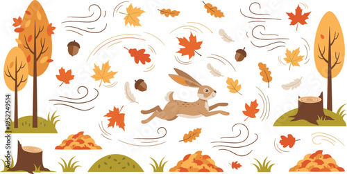 Autumn Wind Forest Scene with Falling Leaves, Running Hare, Tree Stumps and Seasonal Nature Elements in Flat Vector IllustrationAutumn Wind Forest Scene with Falling Leaves, Running Hare, Tree Stumps 