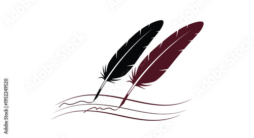Two feathers one black and one red rest above a wavy line