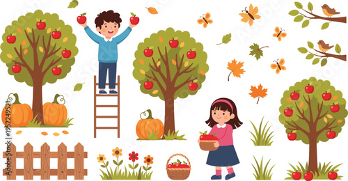 Children Picking Apples from Trees with Pumpkins, Autumn Leaves, and Seasonal Farm Elements in a Fall LandscapeChildren Picking Apples from Trees with Pumpkins, Autumn Leaves, and Seasonal Farm Elemen