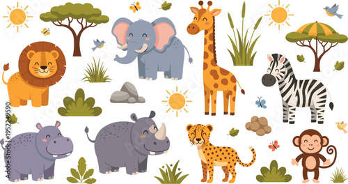 Cute African Safari Animals Cartoon Set with Lion, Elephant, Giraffe, Zebra, Rhino, Leopard, Monkey and Savanna Nature ElementsCute African Safari Animals Cartoon Set with Lion, Elephant, Giraffe, Zeb