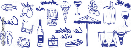 A collection of various beach and summer related objects and words