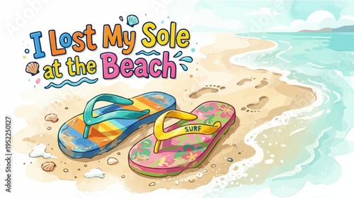 Colorful Flip-flops on Sandy Beach with Footprints - I Lost My Sole at the Beach Funny Pun Illustration