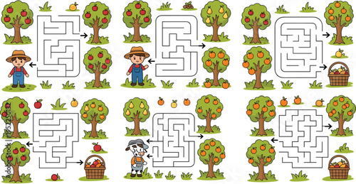 Farm Maze Puzzle Vector Set Featuring Farmer, Apple and Orange Trees, Fruit Picking Paths, and Kids Educational Game Activity Illustration