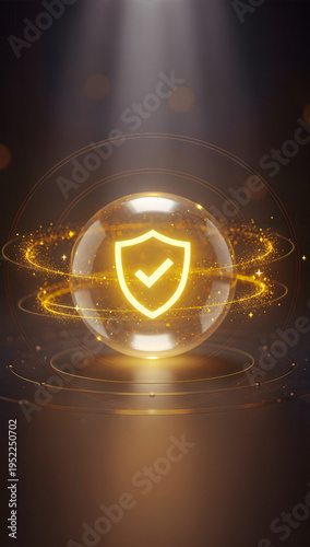 Vertical portrait of a glowing golden shield icon inside a glass sphere. Security and protection concept with orbiting particles. Verified safety and data privacy symbol