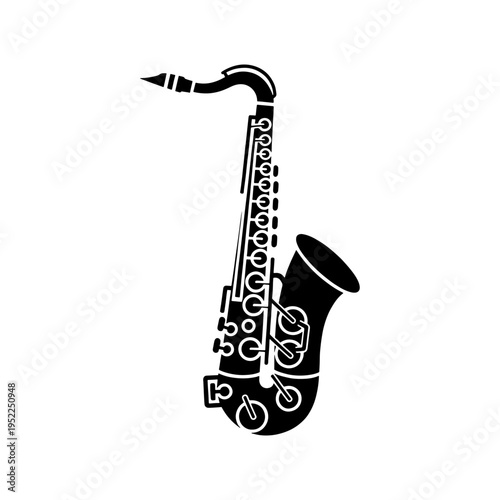 Billede på lærred A striking black graphic depicts a saxophone showcasing its curves and keys as a