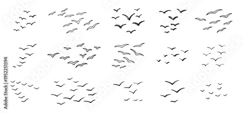 Birds flying line in the sky set. Ink grunge flock of birds afar brush hand drawn. markers and crayons