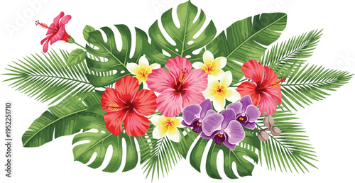 Vibrant Tropical Bouquet Vector with Pink Hibiscus Orchids and Monstera Leaves for Summer Vacation Banners Island Travel Branding and Exotic Botanical Floral Designs