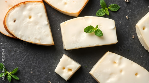 Piece of fresh sliced halloumi with mint. Cyprus squeaky cheese. banner, menu, recipe place for text, top view