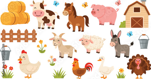 Cute Cartoon Farm Animals Collection with Cow, Pig, Sheep, Goat, Chicken, Rooster, Turkey and Barnyard Farming ElementsCute Cartoon Farm Animals Collection with Cow, Pig, Sheep, Goat, Chicken, Rooster
