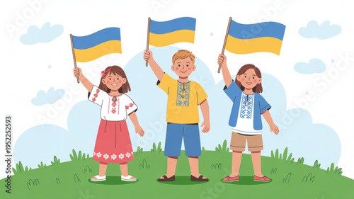 Three children standing on green grass holding ukrainian flags in sunny outdoor scene with blue sky