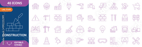 Construction Icon Set. construction, building, architecture, engineering, contractor, renovation, infrastructure, machinery, equipment, tools, helmet, maintenance and etc. Editable stroke.