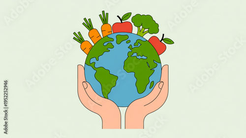 Hands cradling earth globe with fresh vegetables and fruits symbolizing eco friendly healthy eating and sustainable living