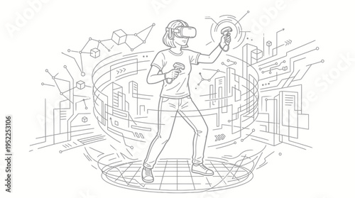 Virtual Reality Technology Person Experiencing Futuristic Digital World Through VR Headset and Controllers