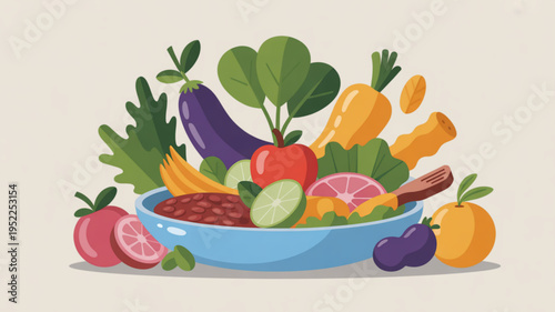 Colorful bowl of mixed vegetables and fruits on a table healthy eating concept with vibrant food