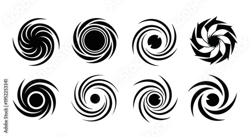 Eight swirling designs in black a versatile graphic element on transparent background silhouette