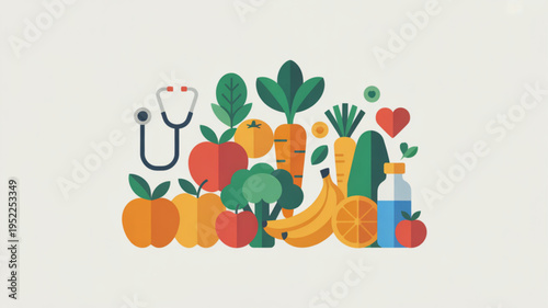 Colorful illustration of fresh fruits vegetables and healthy drink with stethoscope for wellness and nutrition concept