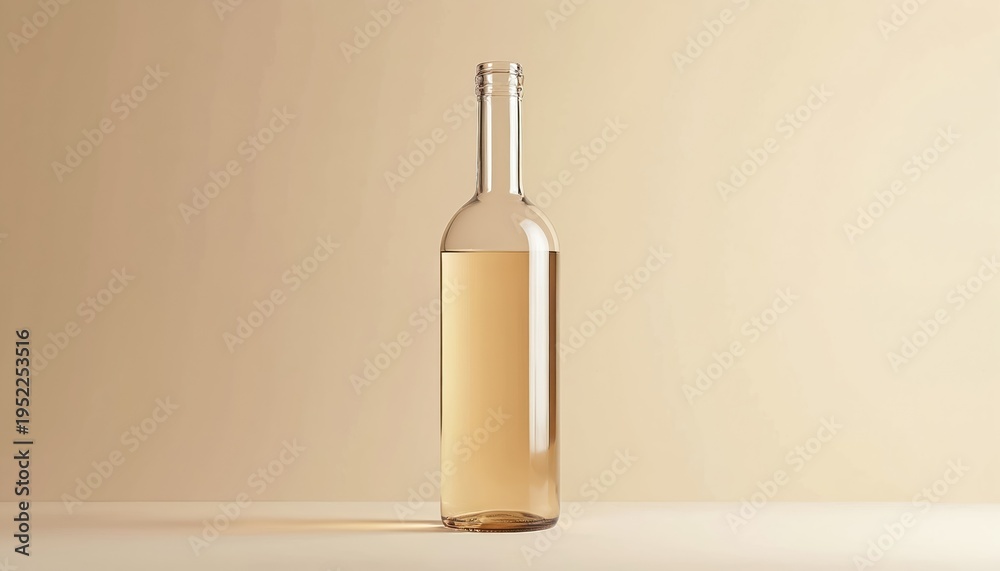 Naklejka premium Clear glass bottle holding light colored liquid sits on a beige surface. Simple studio shot, clean background, elegant product design, advertising template.