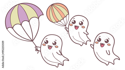 Cute Kawaii Ghosts Floating with Colorful Parachutes for Halloween Party Decoration or Kids Greeting Card Design Vector Illustration