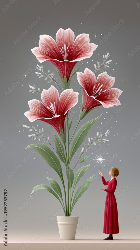 Obraz premium A woman in a red dress holds a glowing wand, standing beside a giant blooming flower plant in a white pot, surrounded by sparkles on a soft gray background.