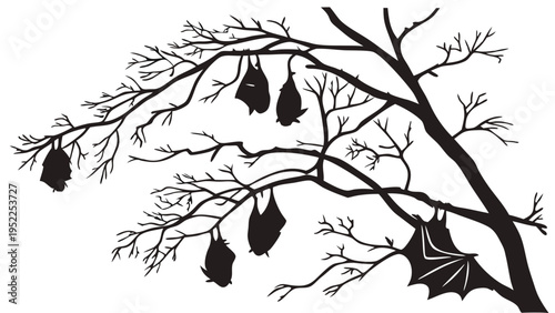 Silhouette of Bats Hanging From Bare Tree Branches for Halloween Party Decoration and Spooky Holiday Design Elements on White Background