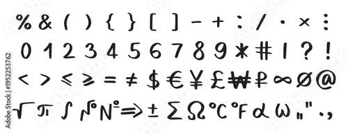 Scribble black special math symbols, numbers and signs. Symbols are handwritten characters from the keyboard