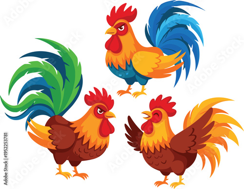 Set of Colorful Cartoon Rooster Characters with Expressive Personalities and Vibrant Feathers for Farm Mascots, Poultry Branding, Childrens Education, and Countryside Vector Designs