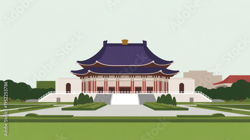 Traditional asian temple with pagoda roof and garden landscape architecture