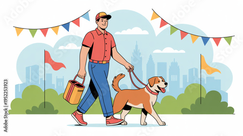 Man walking dog with lunch box in city park with colorful bunting flags