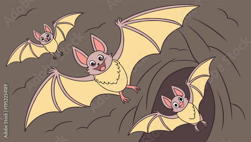 Cute Cartoon Bats Flying Out of a Cave for Halloween Celebration or Kids Education Illustration Vector Graphic for Childrens Books and Seasonal Party Decorations Design Elements