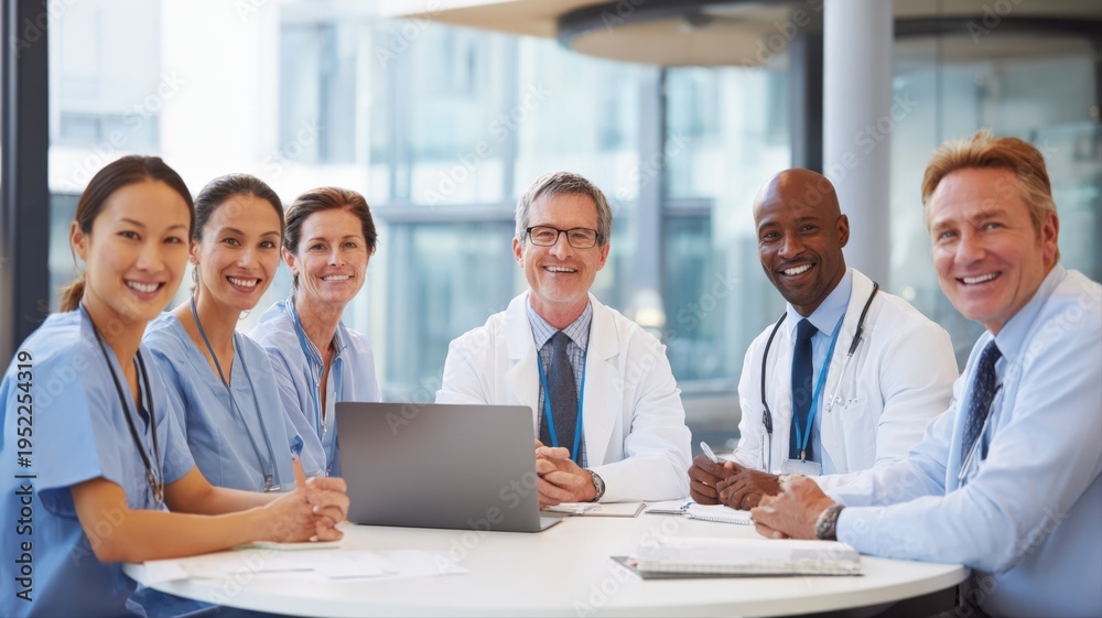 Fototapeta premium Diverse Medical Team Collaboration: Doctors and Nurses Smiling in a Bright Hospital Setting, Discussing Patient Care