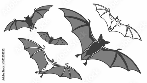 Group of Flying Bats Silhouettes Isolated on White Background for Halloween Decorations and Wildlife Graphic Design Elements for Spooky Holiday Themes and Nature Illustration
