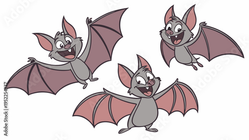 Cute Cartoon Bats Flying and Smiling for Halloween Party Decorations and Childrens Educational Print Materials Isolated on White Background for Seasonal Graphic Design Projects