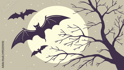Spooky Halloween Background with Flying Bats and Bare Tree Silhouette Against Full Moon for Holiday Party Invitations and Festive Social Media Graphics Design