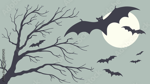 Spooky Halloween Background with Silhouetted Bats Flying Around a Bare Tree and Full Moon for Holiday Party Invitations and Festive Graphic Design Projects or Seasonal Social Media