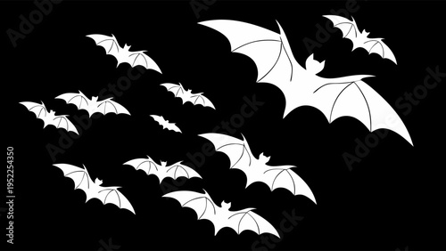 Flock of White Bats Flying on Black Background for Halloween Decoration and Spooky Party Graphic Design Elements for Social Media Posts and Seasonal Holiday Web Banners