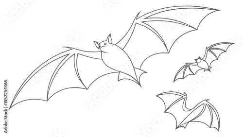 Flying Bats Outline Illustration for Halloween Decorations and Spooky Party Invitations Isolated on White Background for Graphic Design Projects and Festive Seasonal Crafting