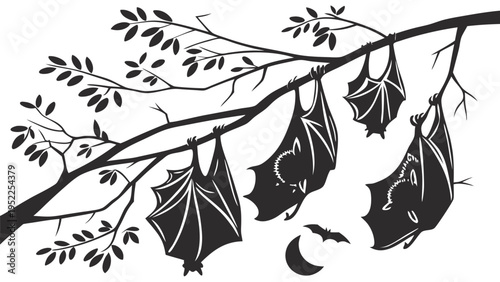 Silhouette of Bats Hanging From a Tree Branch With a Crescent Moon for Halloween Party Decorations and Spooky Seasonal Graphic Design Elements for Social Media and Print Media