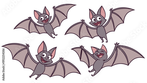 Cute Cartoon Bats Flying Together Happy Halloween Decorative Elements for Kids Party Invitations and Festive Seasonal Web Design Graphics Isolated on a Plain White Background