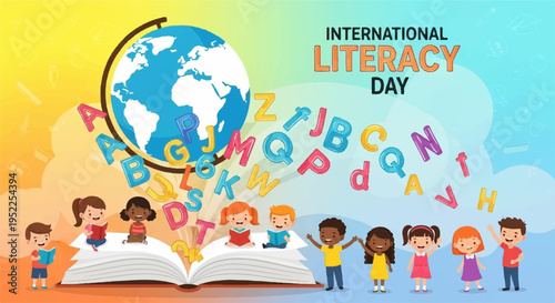 Children celebrating international literacy day with globe and alphabet letters emerging from an open book on a colorful background