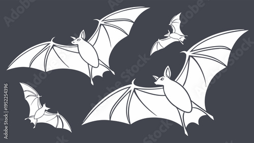 Flying Bats Illustration Set for Halloween Decorations and Spooky Party Design Elements on Dark Background for Graphic Projects and Seasonal Web Graphics and Print Materials