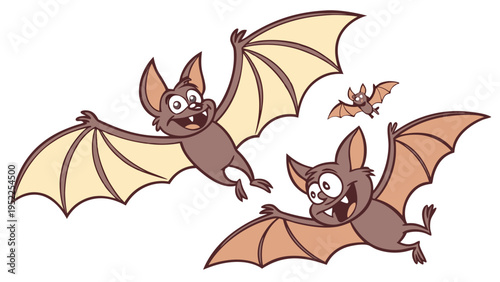 Cute Cartoon Bats Flying Together Happy Halloween Illustration for Kids Party Invitations and Spooky Greeting Cards with Playful Flying Creatures on Isolated White Background