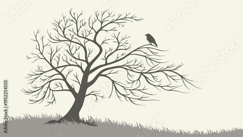 Minimalist Silhouette of a Bare Tree with a Single Bird Perched on a Branch Isolated on a Light Background for Nature Design Projects and Seasonal Wall Art Decor