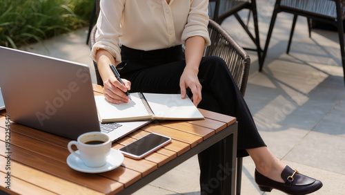 ​A woman is working, She uses a laptop, She sits at a table, She drinks some coffee, She wears professional clothes, She looks very busy, She is focused deeply, Work happens outside today, home office