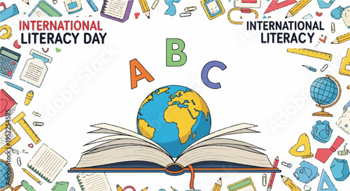 International literacy day poster with globe on open book and educational icons around